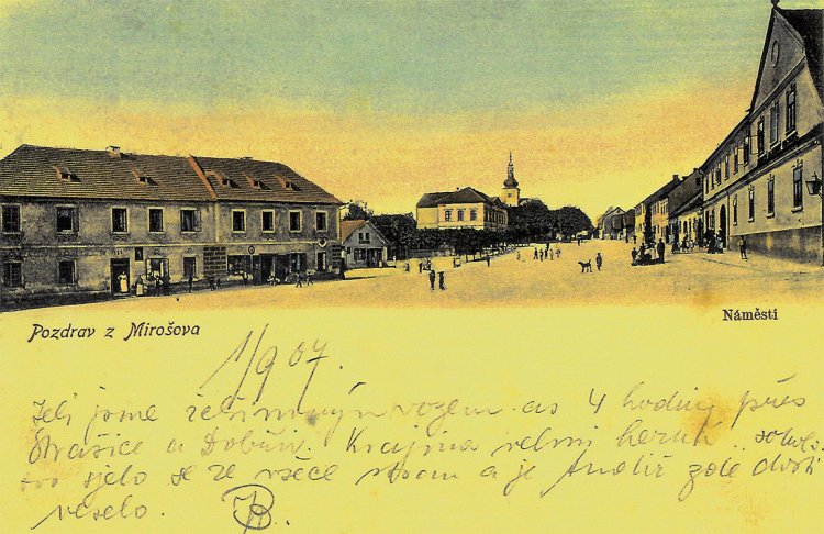 Náměstí v Mirošově na pohlednici z r. 1907