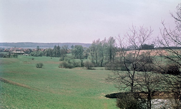 Meandrující Borecký potok, v pozadí Rokycany, 1964